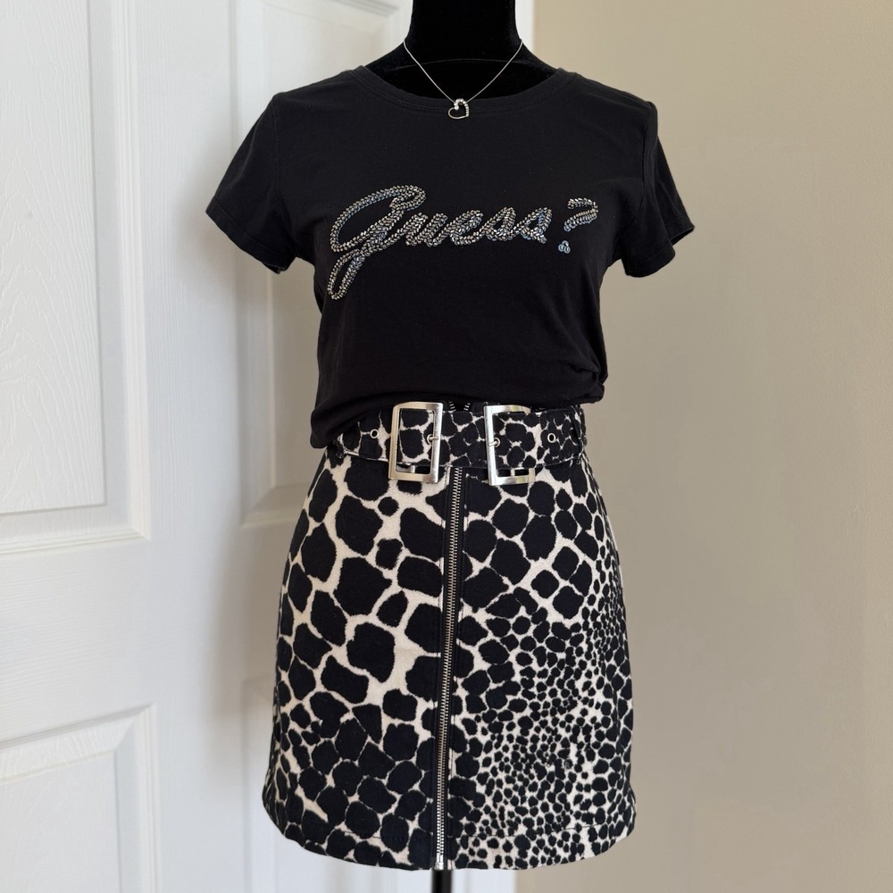 Topshop Women's Belted Giraffe Print Denim Mini Micro Skirt Size 2 Y2K Glam Chic